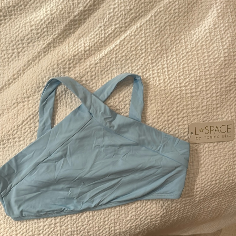 L space baby blue criss cross halter bikini top